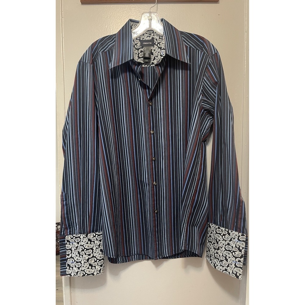 Claiborne Shirt Mens Large Blue Stripe Paisley Flip French Cuff Button Up Cotton